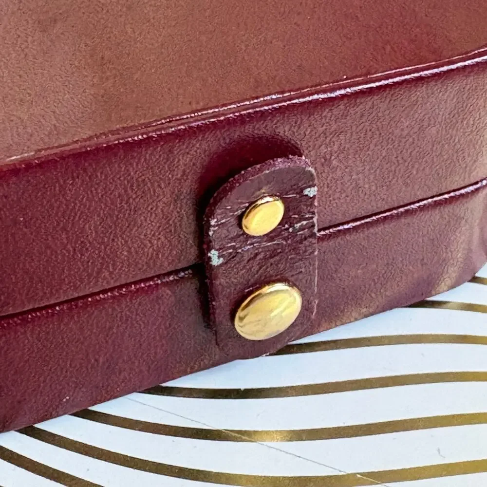 Vintage Burgundy Travel Jewelry Case Ring Roll Faux Leather Box